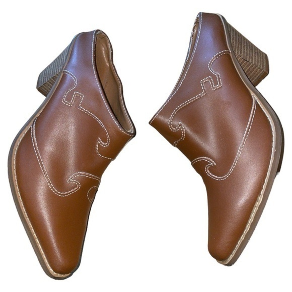 Western Y2K Leather Shooties Mules Stacked Heel Shoes Brown Contrast Stitch Sz 9